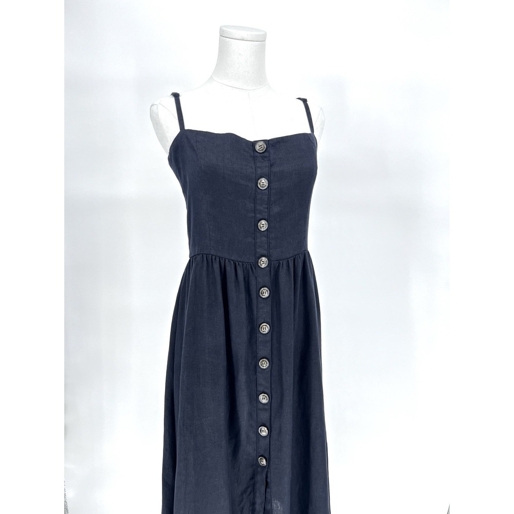 Reformation Women's Size 10 Black Button Front Thelma Linen Midi Dress
